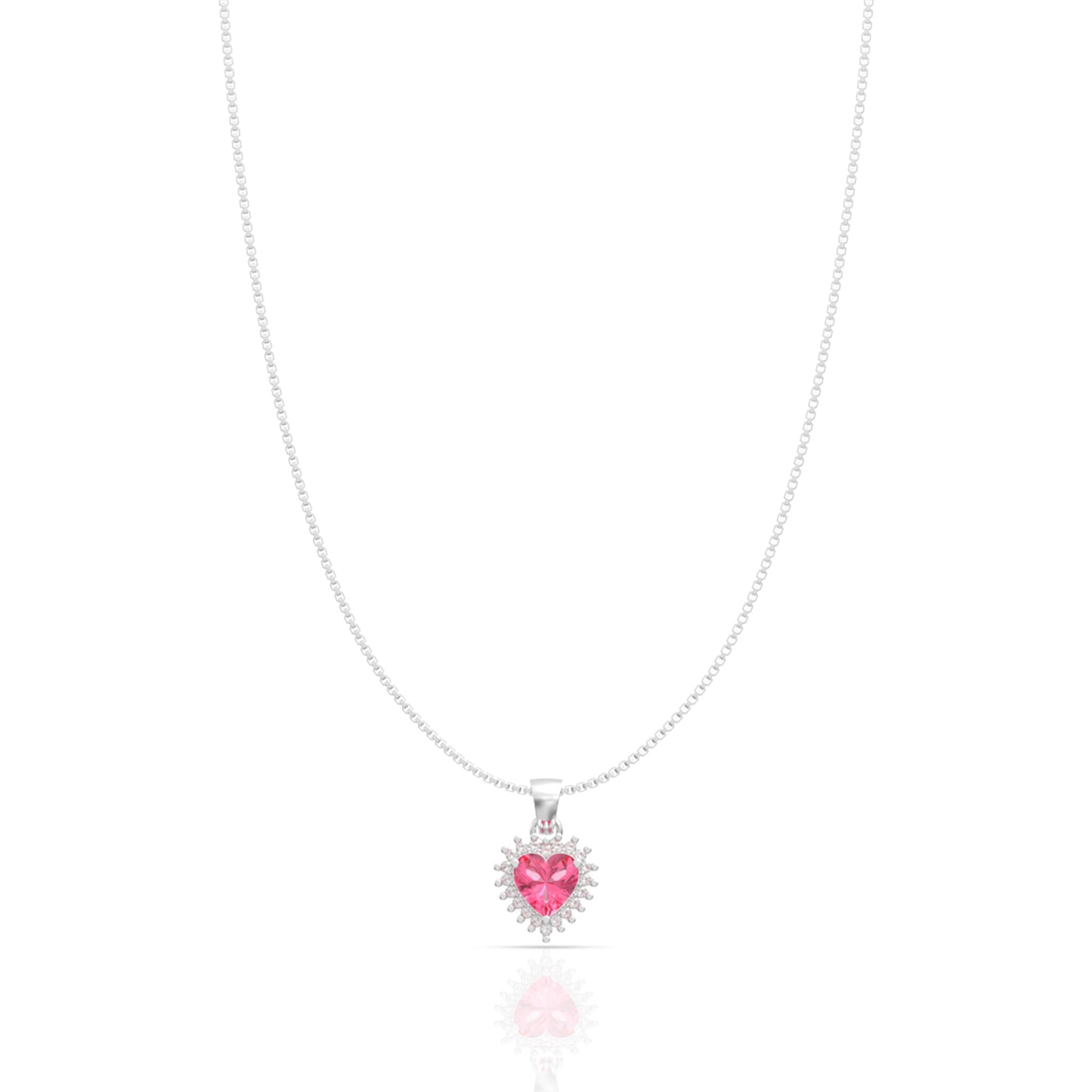 Silver Solitaire blossom pink Heart Pendant with Link Chain