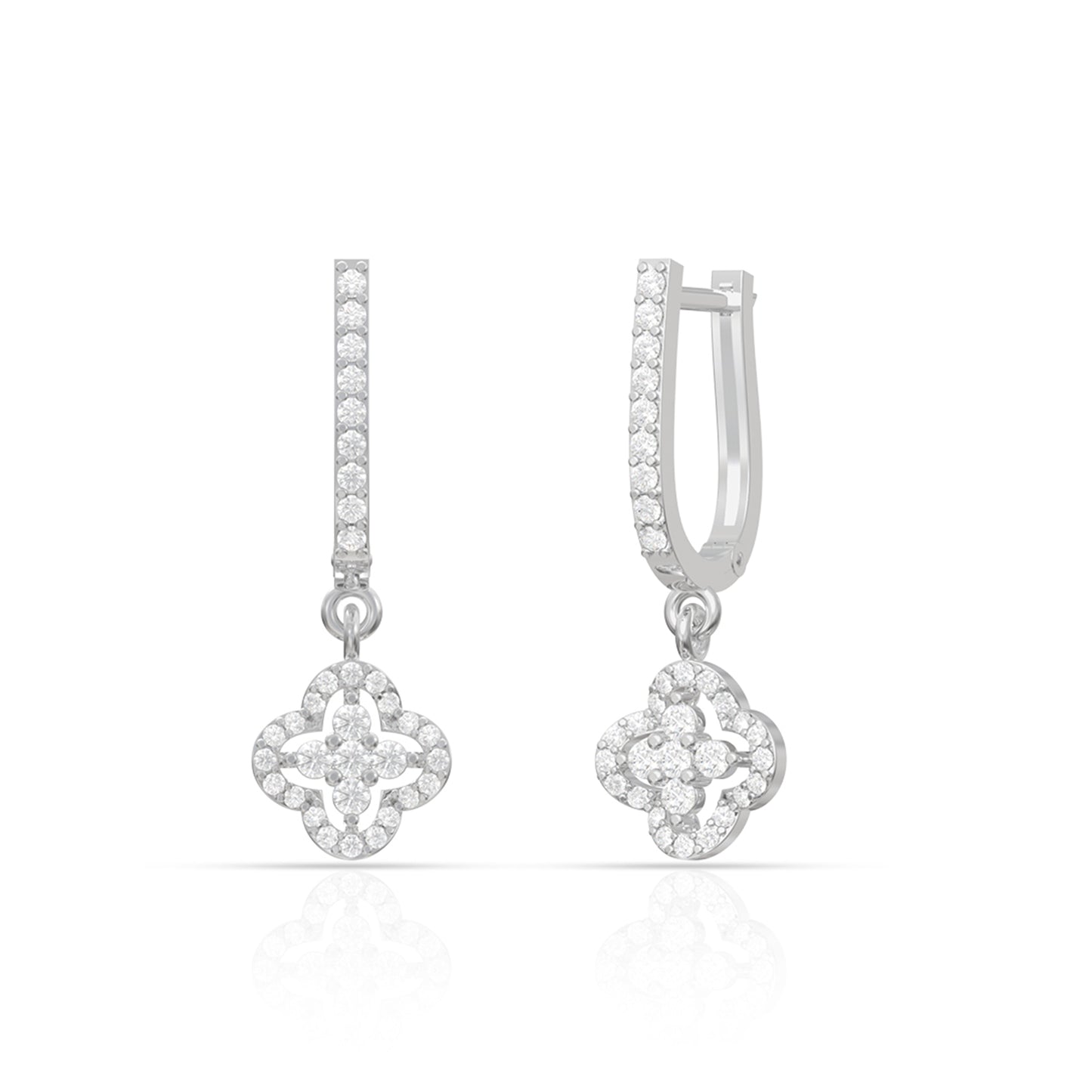 925 Sterling Silver American Diamond Clover Hoop Dangle Silver Earrings