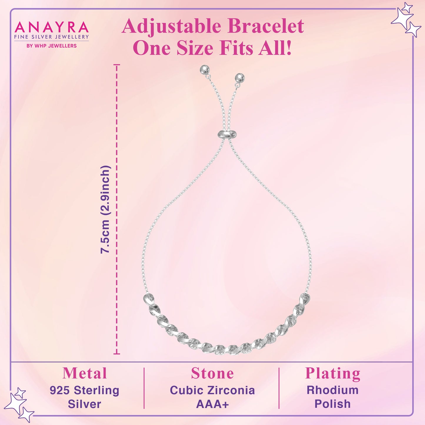 925 Sterling Polished Silver Crystal Cubic Zirconia Linked Bracelet