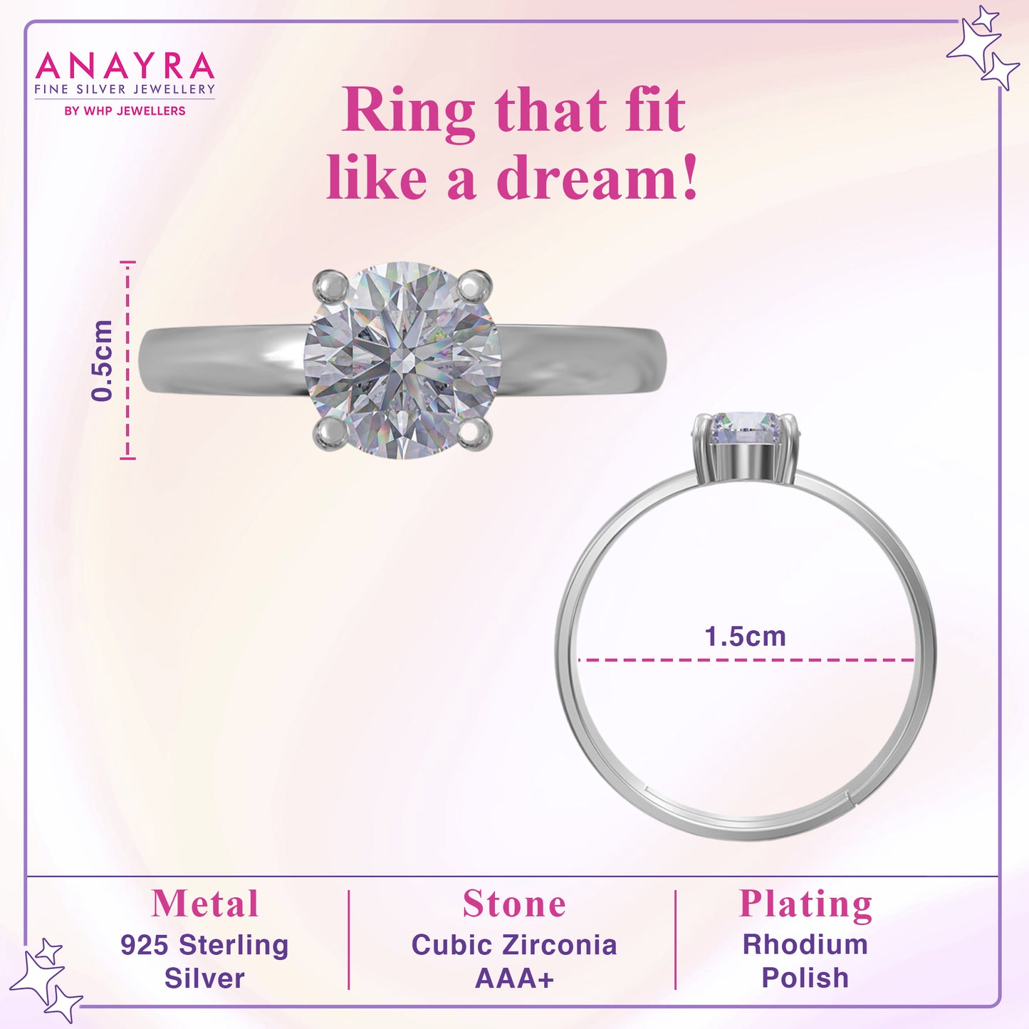 Graceful Solitaire Adjustable Silver Ring
