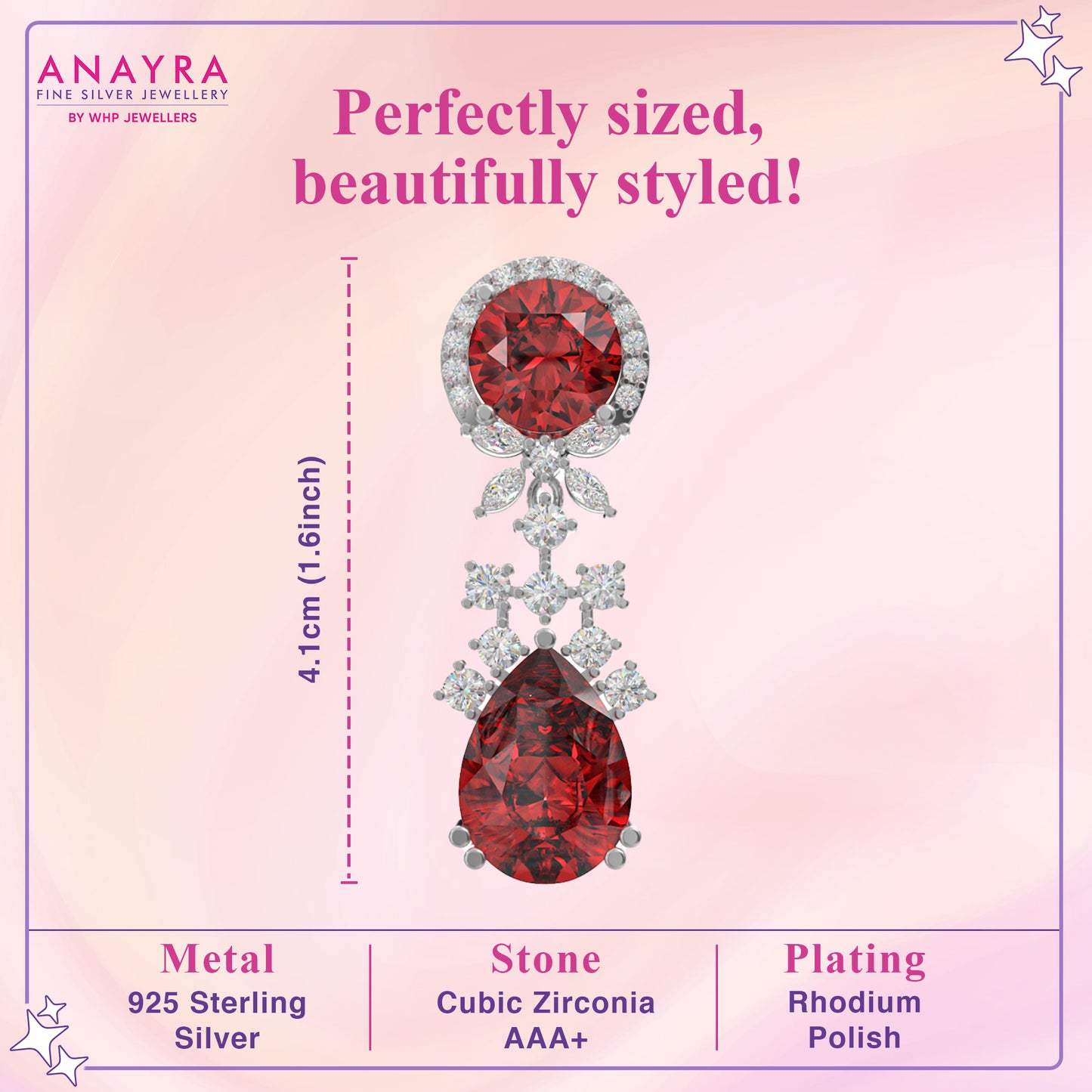 Glamorous Teardrop Ruby-Style Earrings in Sterling Silver