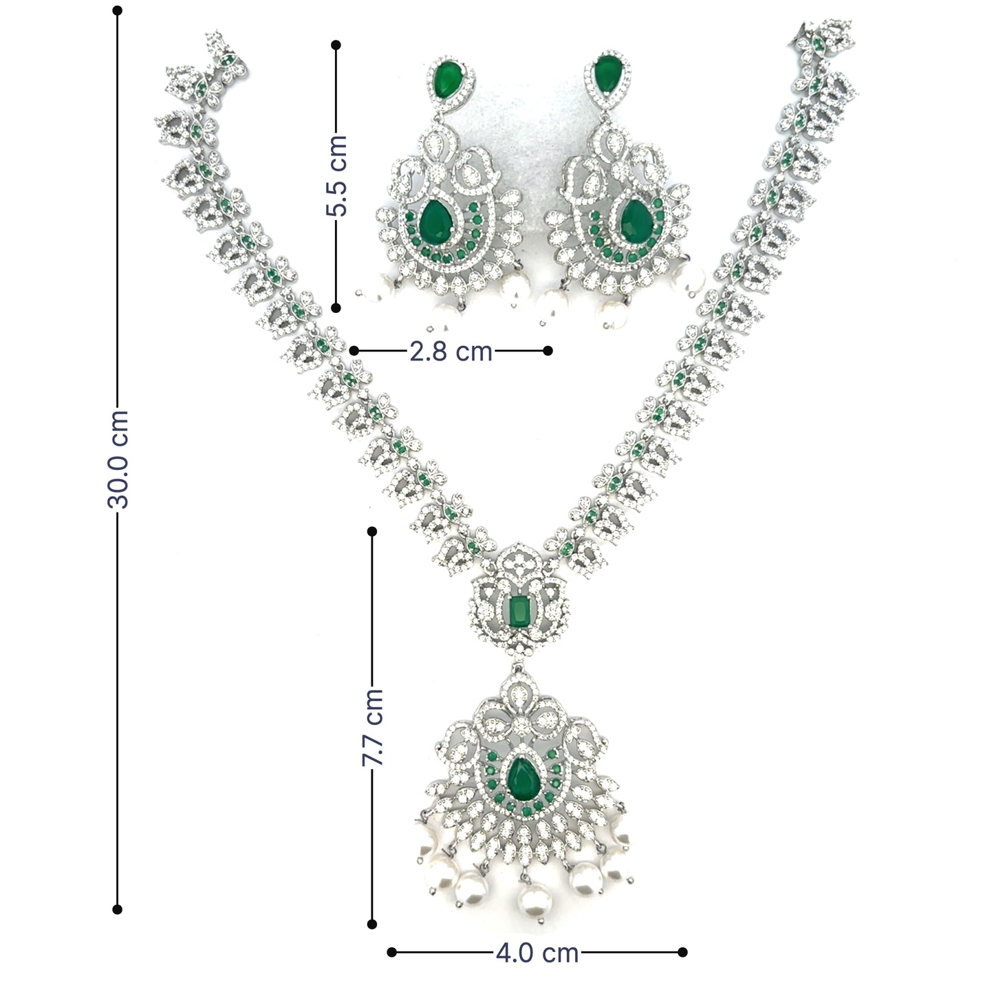 Silver Necklace Set with Emerald Stone Design