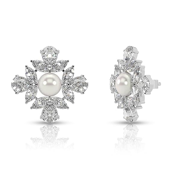 Silver Bloom Pearl Stud Earrings