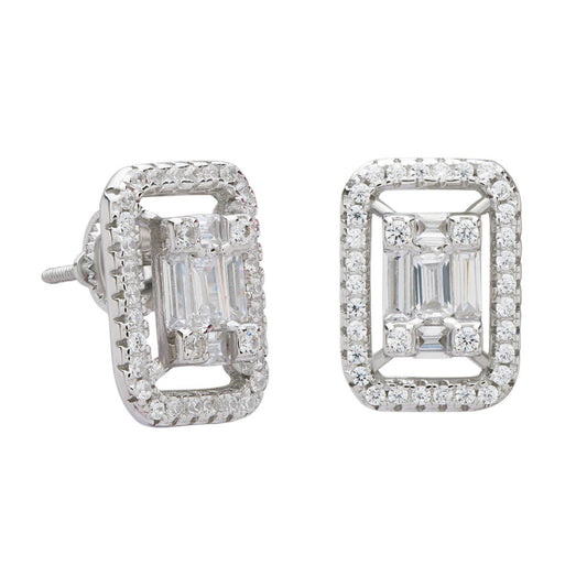 Baugette Diamond Earrings In Sterling Silver