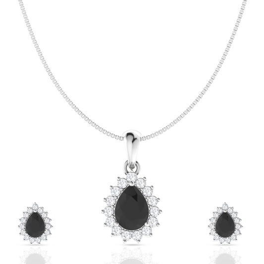 Silver Black Tear Drop Pendant Set with Link Chain
