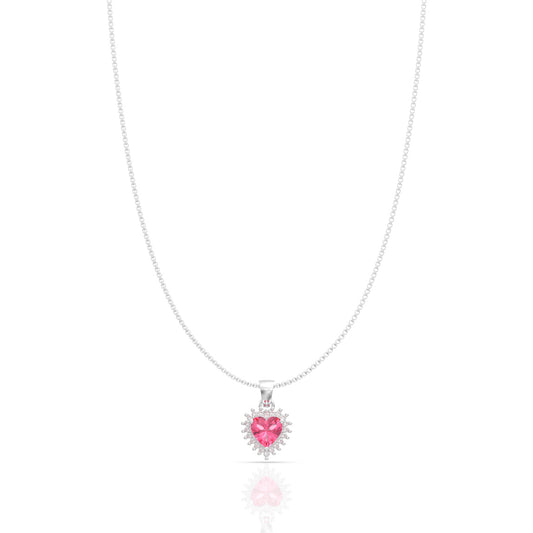Silver Solitaire blossom pink Heart Pendant with Link Chain