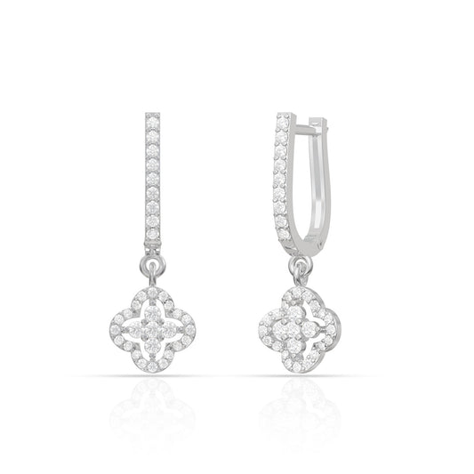 925 Sterling Silver American Diamond Clover Hoop Dangle Silver Earrings
