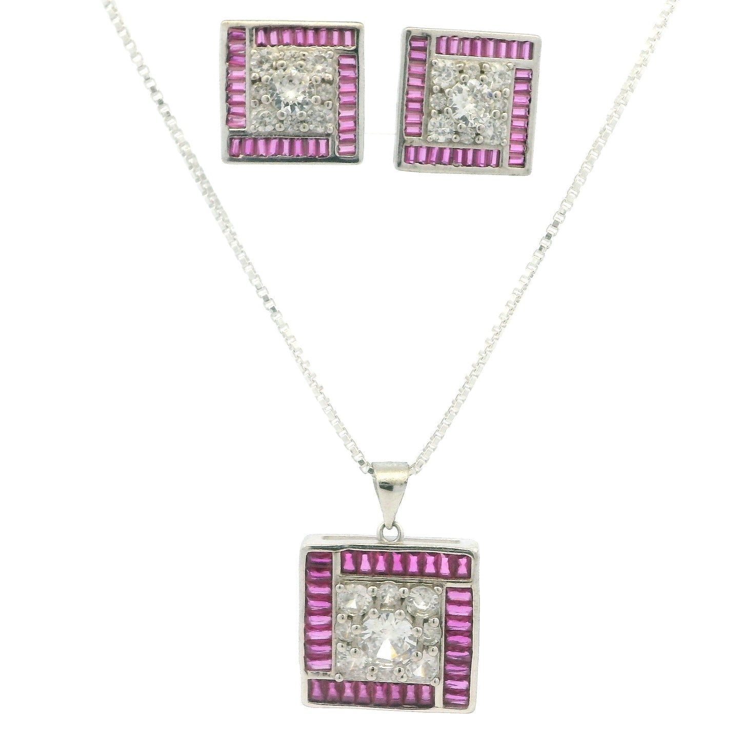 Radiant Pink Crystal Square Pendant Set