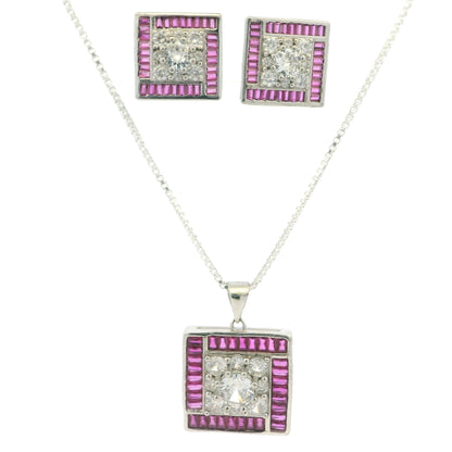Radiant Pink Crystal Square Pendant Set