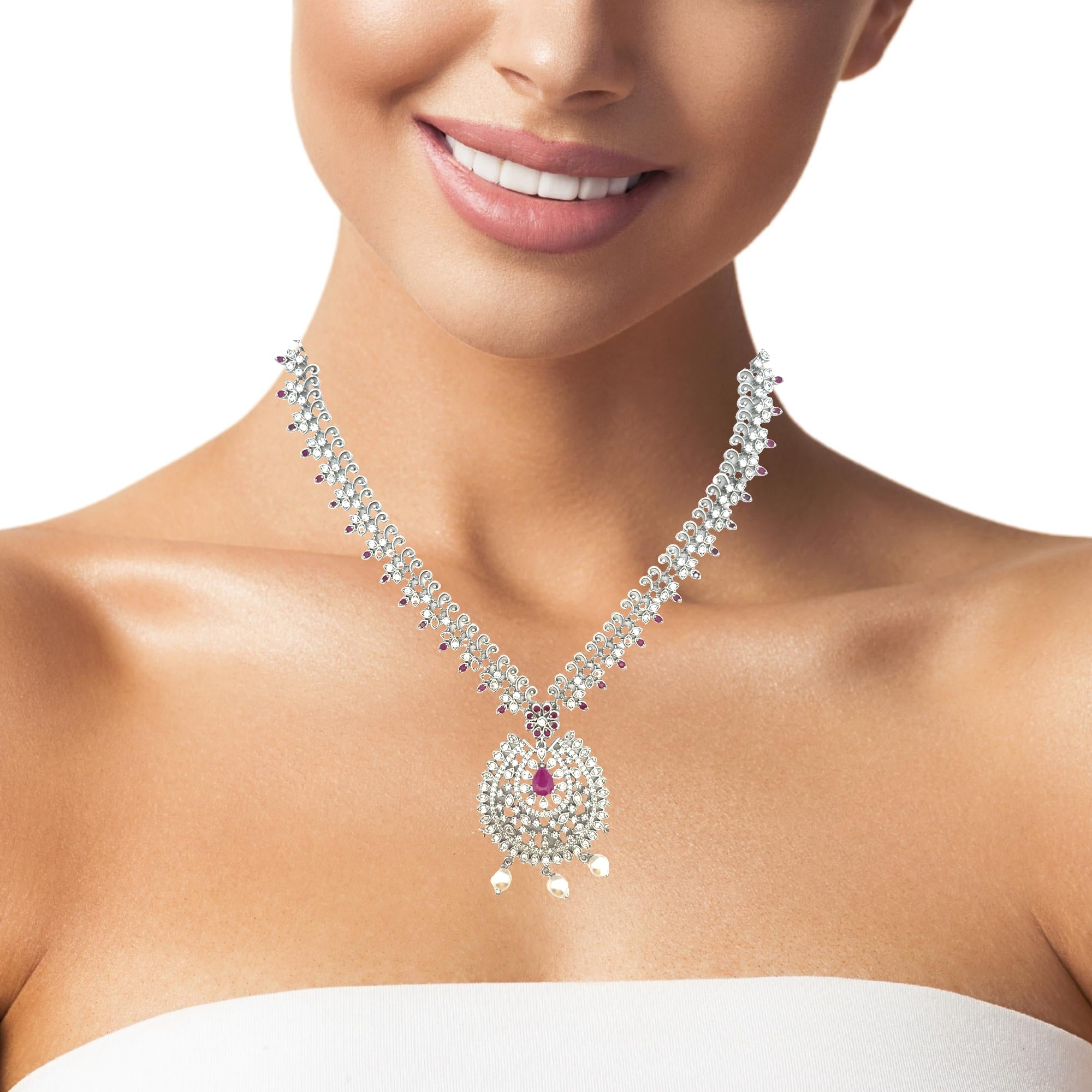 Traditional Silver Necklace Set with Stones