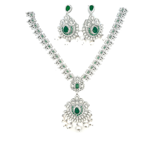 Silver Necklace Set with Emerald Stone Design