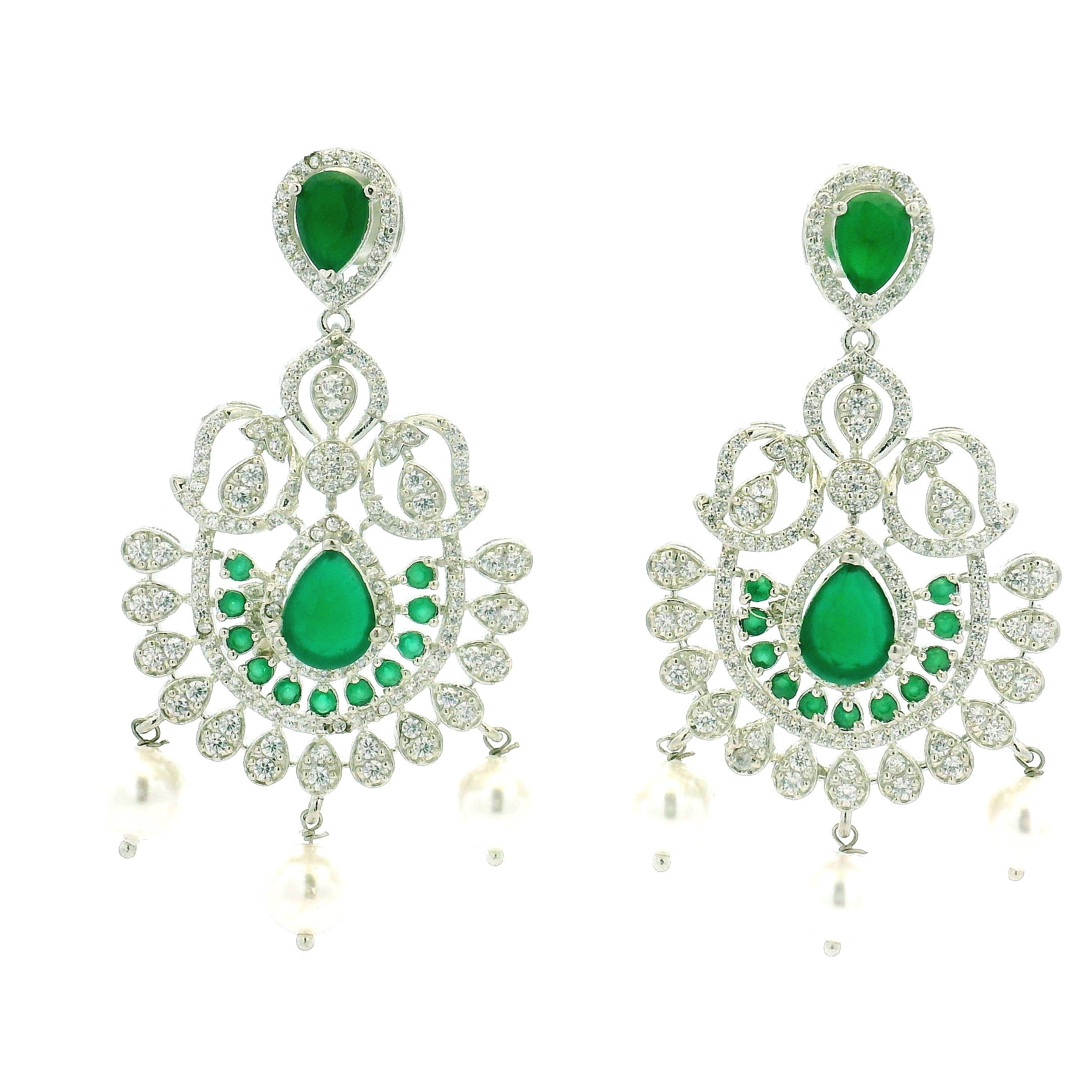 Silver Necklace Set with Emerald Stone Design