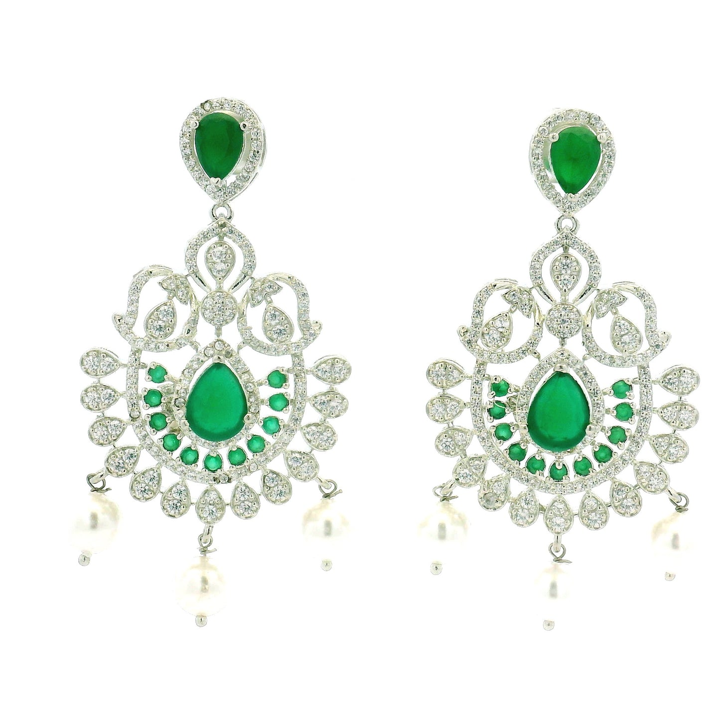 Silver Necklace Set with Emerald Stone Design
