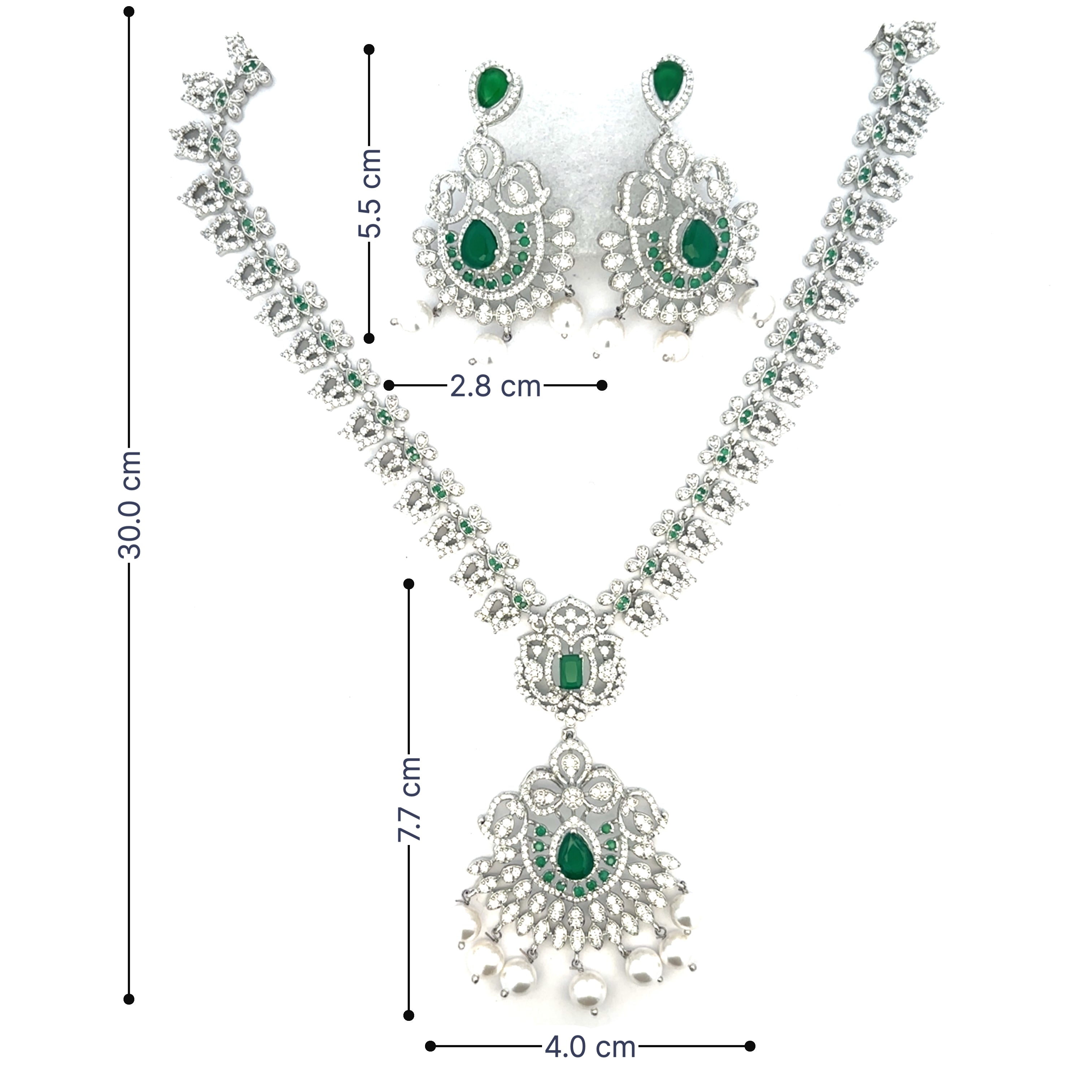 Silver Necklace Set with Emerald Stone Design
