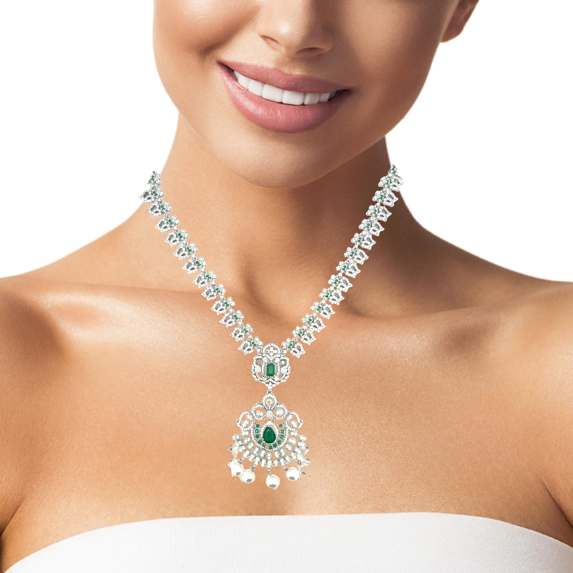 Silver Necklace Set with Emerald Stone Design