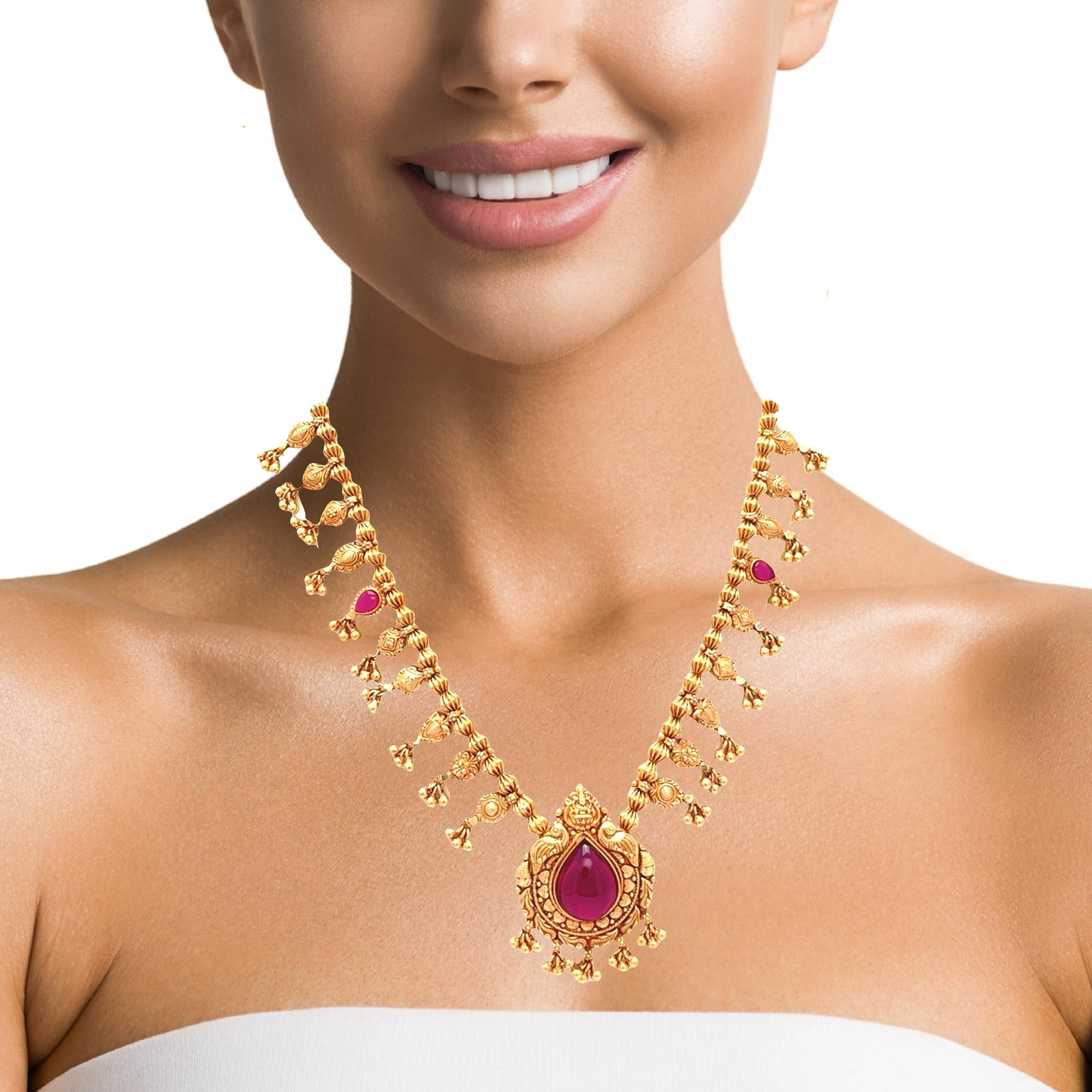 Festive Ruby Red Stone Gold Plated Necklace Set