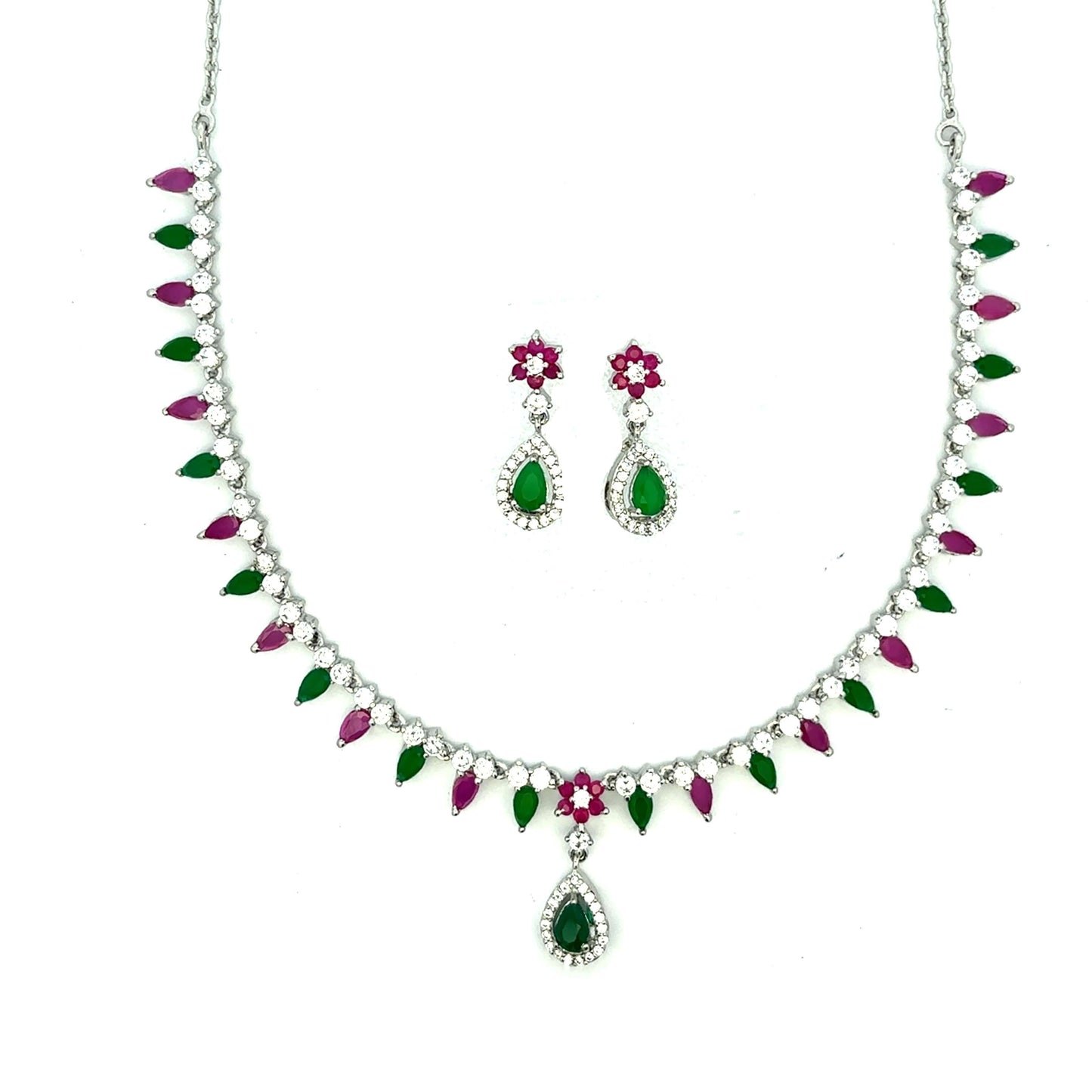 Tricolor Stone Teardrop Silver Tone Necklace Set
