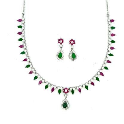 Tricolor Stone Teardrop Silver Tone Necklace Set