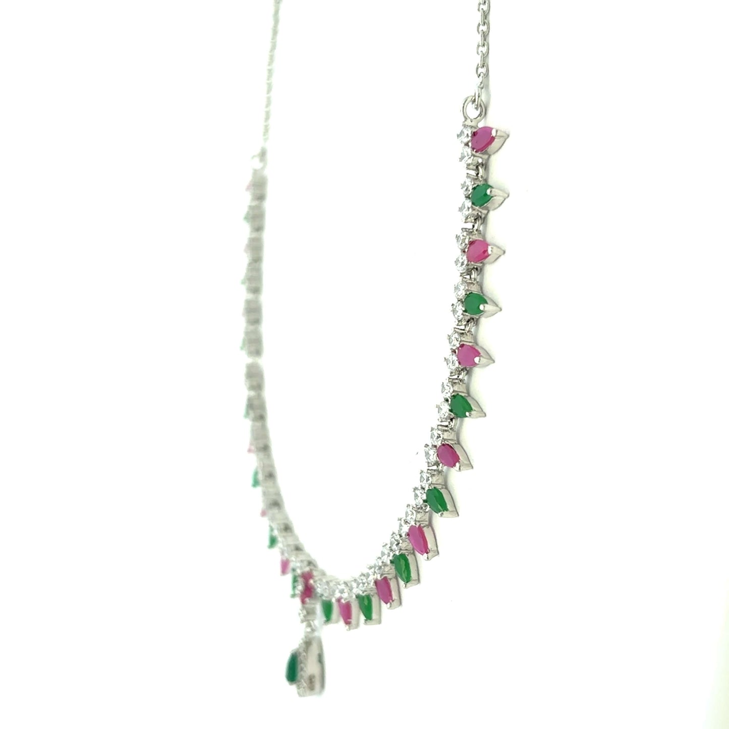 Tricolor Stone Teardrop Silver Tone Necklace Set