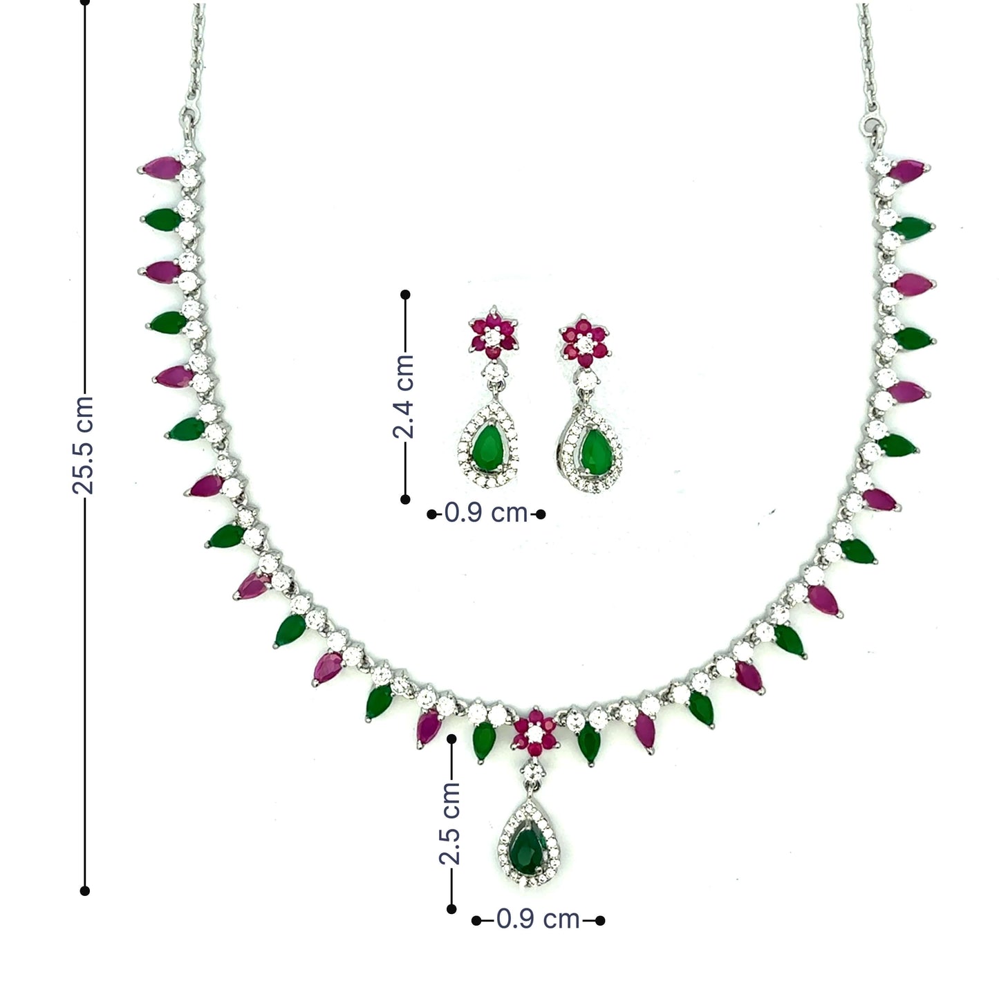 Tricolor Stone Teardrop Silver Tone Necklace Set
