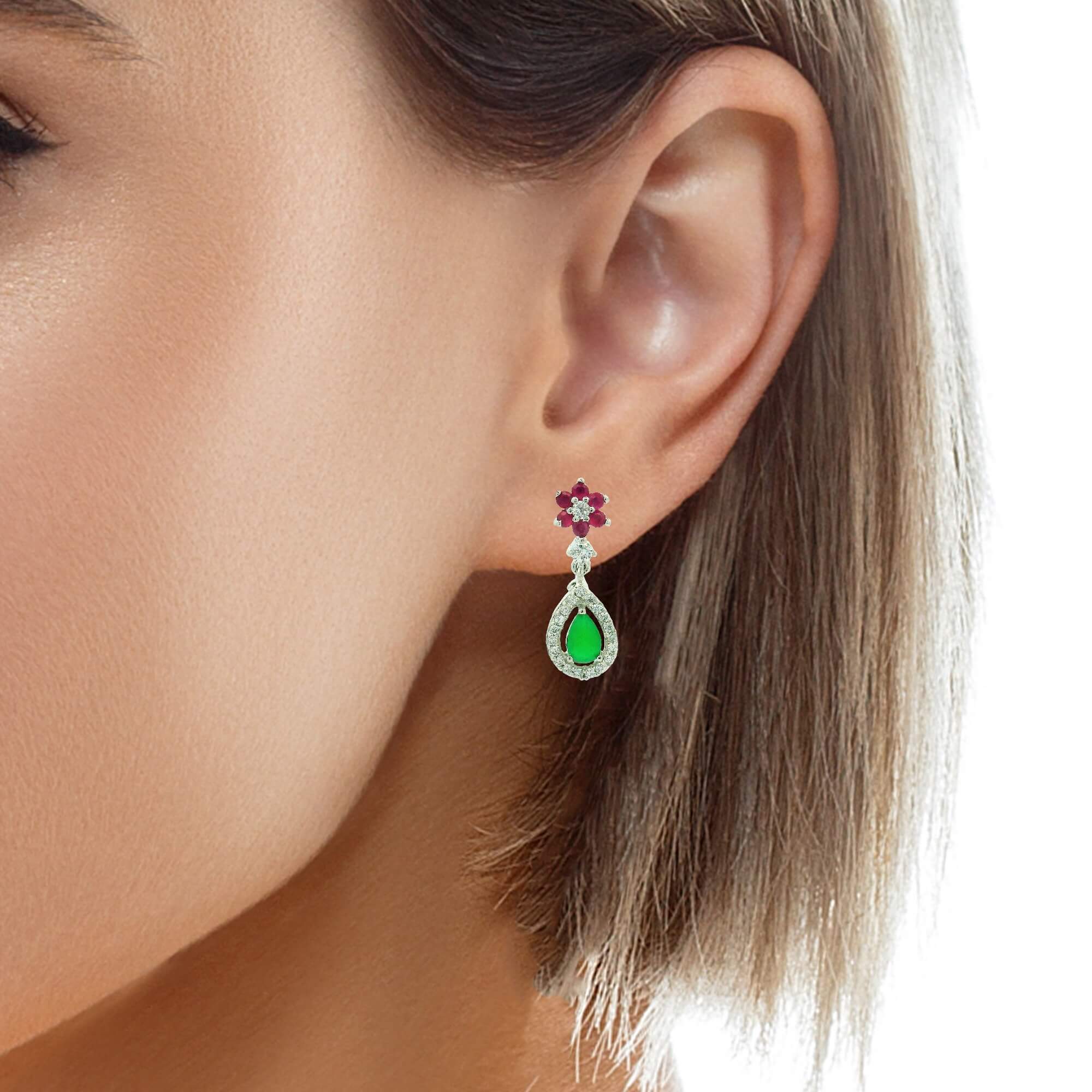 Tricolor Stone Teardrop Silver Tone Necklace Set