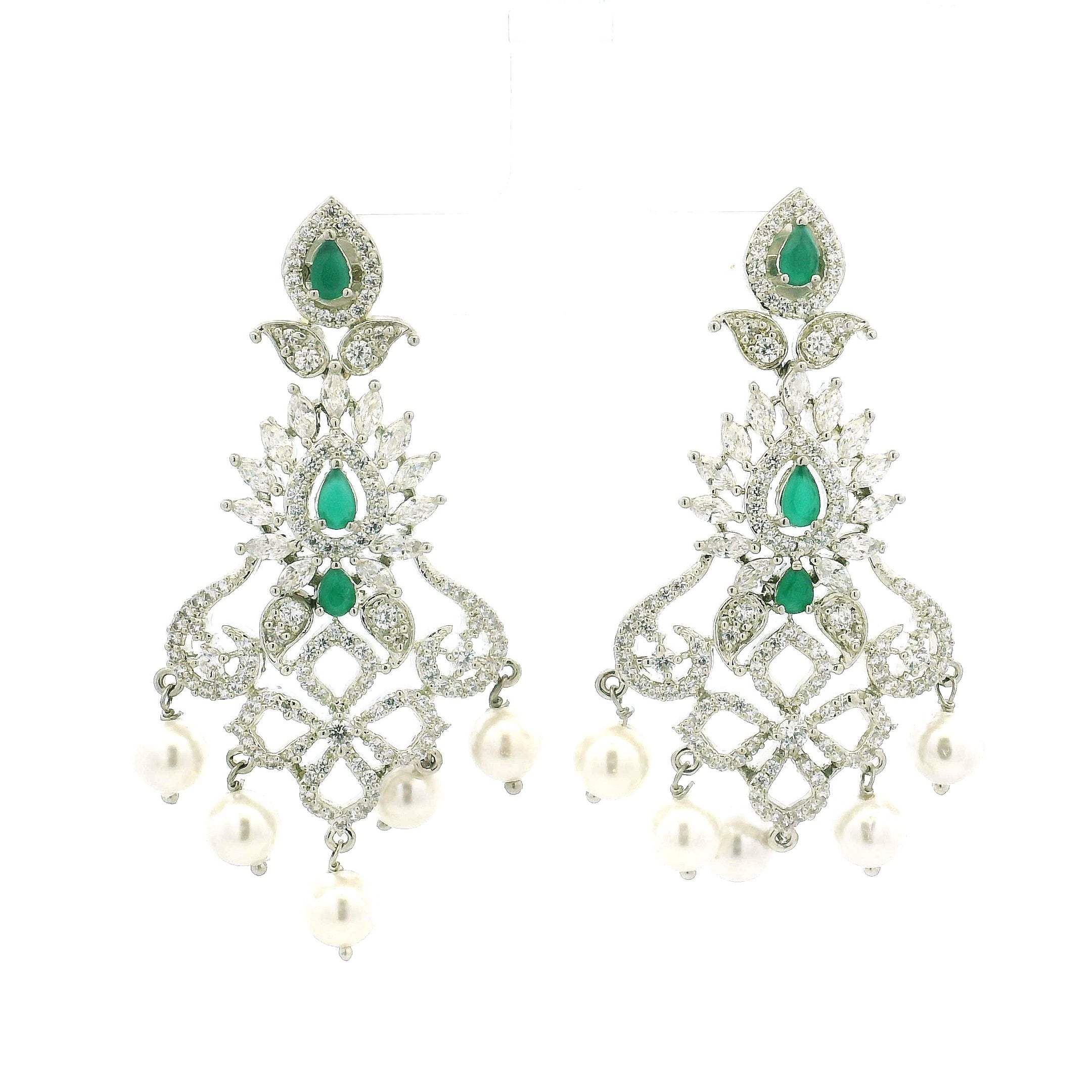 Elegant Silver Choker Necklace Set with Green Stones