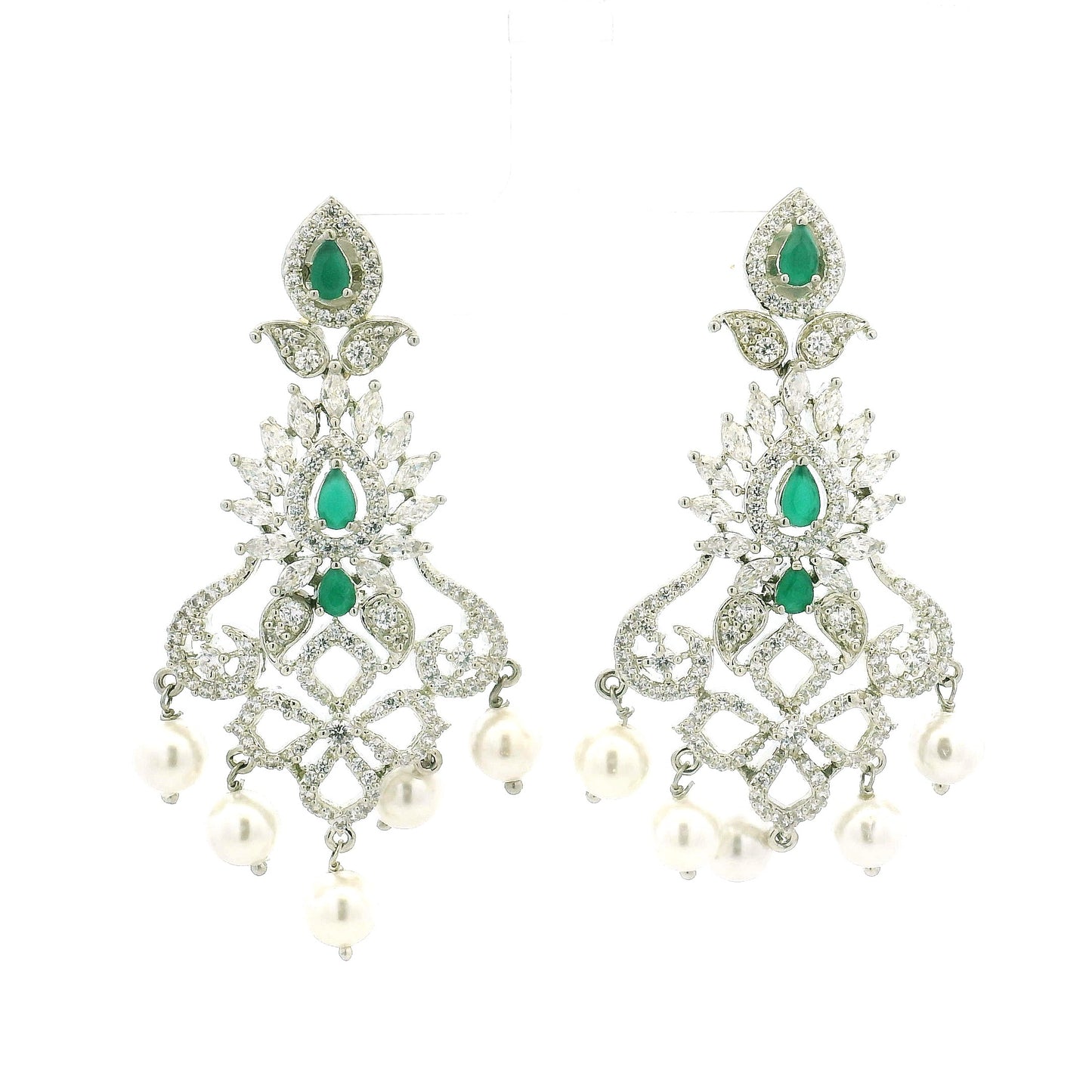 Elegant Silver Choker Necklace Set with Green Stones