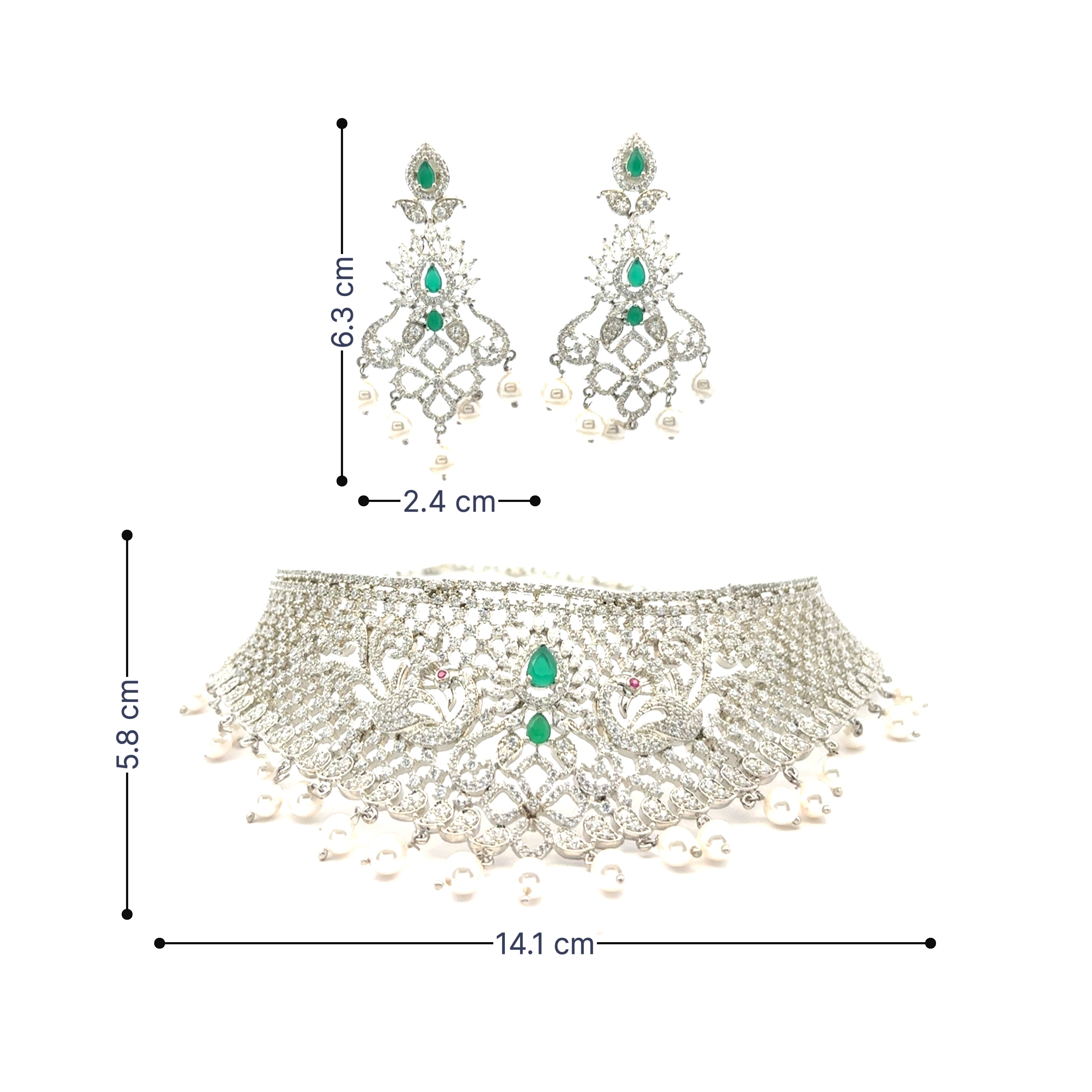 Elegant Silver Choker Necklace Set with Green Stones