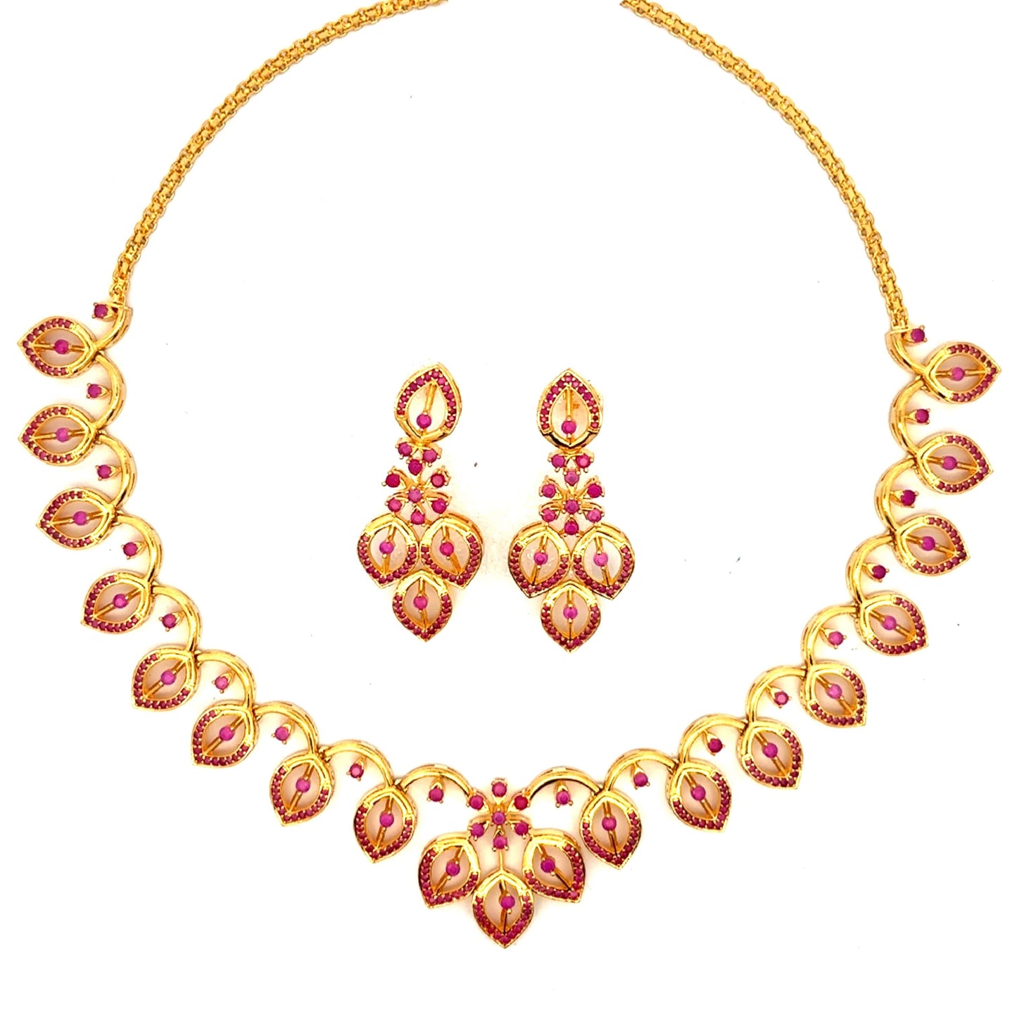 Sleek Leaf Line Ruby Stone Gold Plated Necklace Set