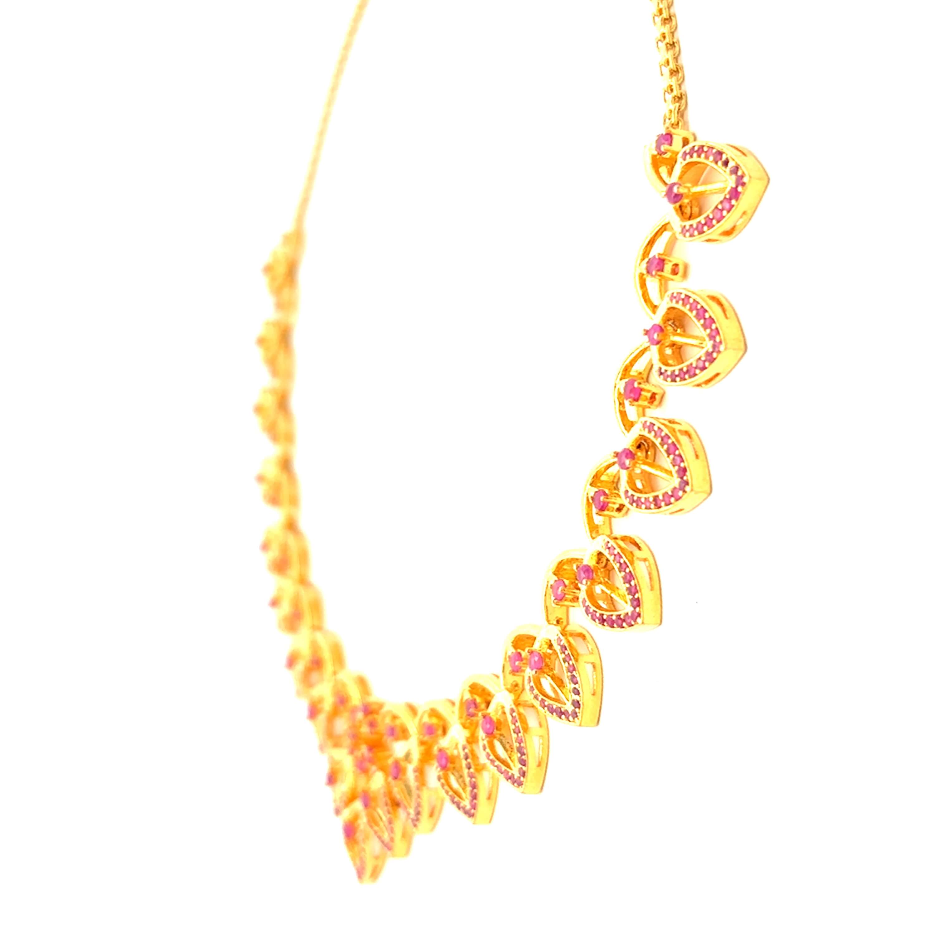 Sleek Leaf Line Ruby Stone Gold Plated Necklace Set