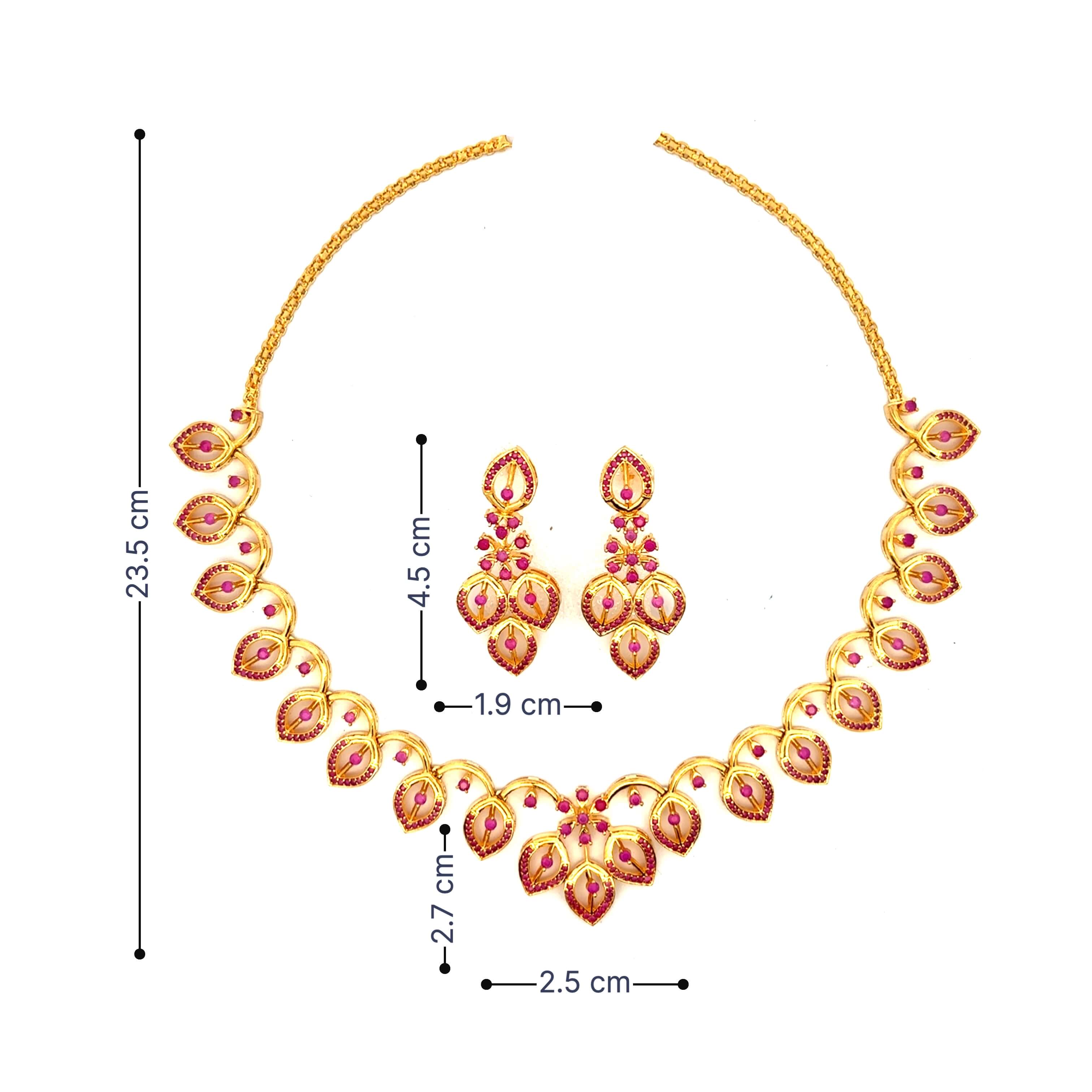 Sleek Leaf Line Ruby Stone Gold Plated Necklace Set