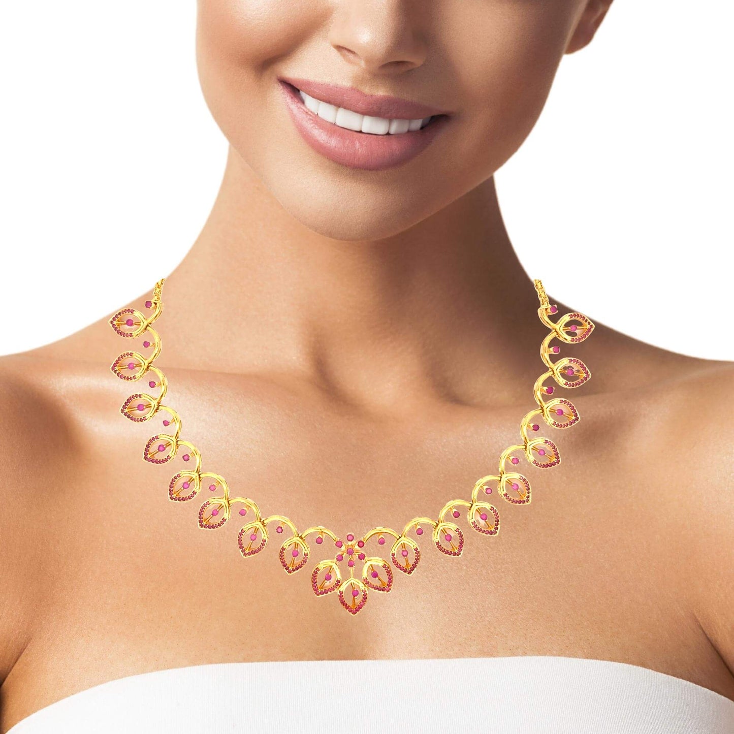 Sleek Leaf Line Ruby Stone Gold Plated Necklace Set