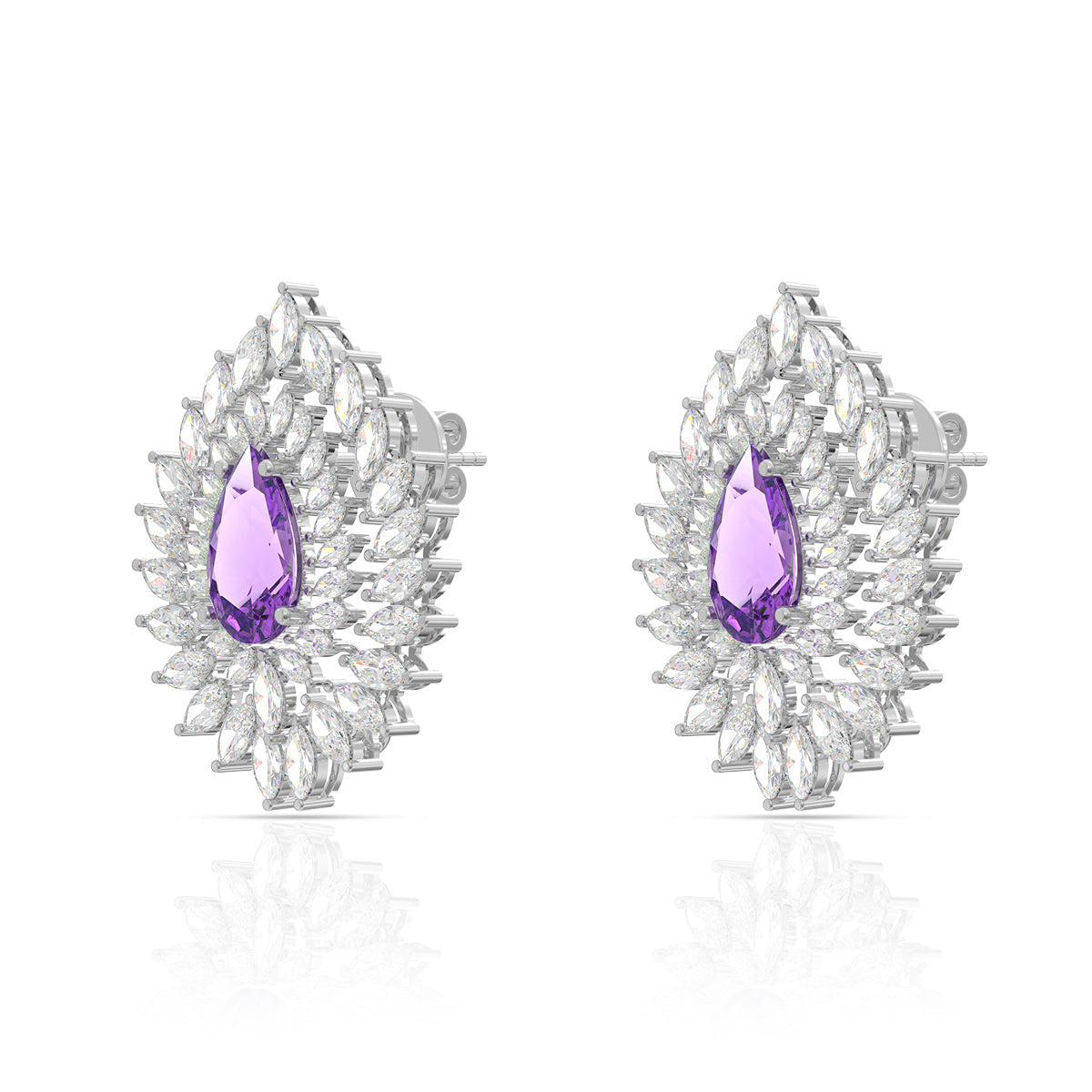 Radiant Purple Gemstone Drop Stud Earrings in Sterling Silver