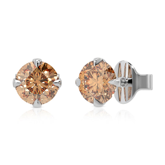 Round Cut Champagne Diamond Stud Earrings 