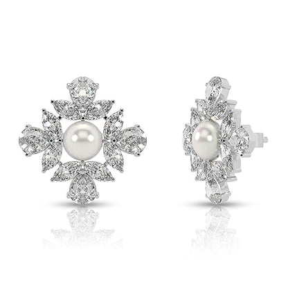 Silver Bloom Pearl Stud Earrings