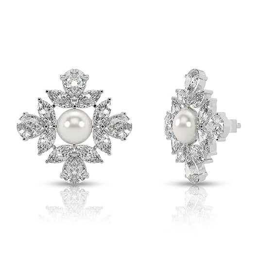 Silver Bloom Pearl Stud Earrings