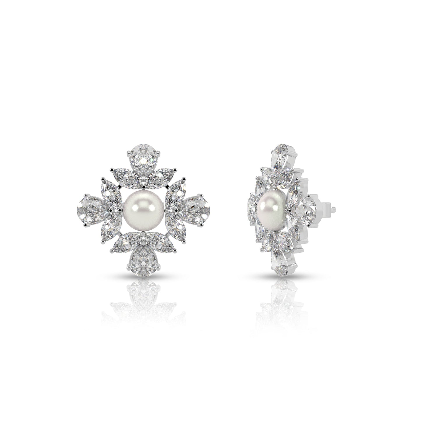 Silver Bloom Pearl Stud Earrings