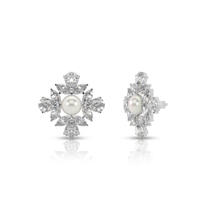 Silver Bloom Pearl Stud Earrings