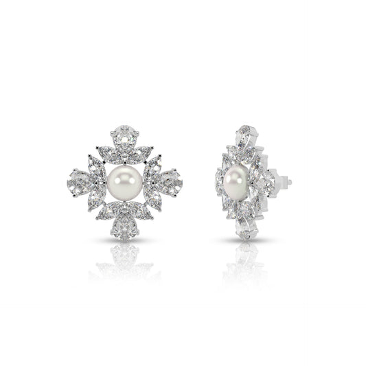 Silver Bloom Pearl Stud Earrings