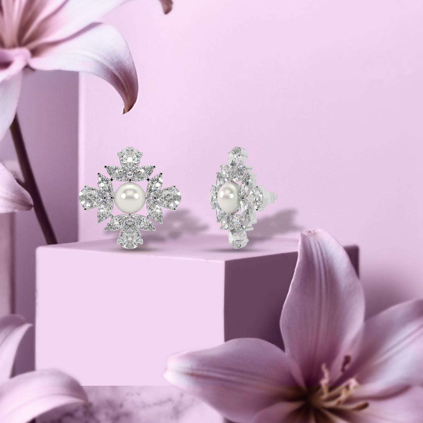 Silver Bloom Pearl Stud Earrings