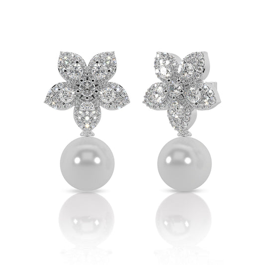 Silver Pearl Glow Floral Dangler Earrings