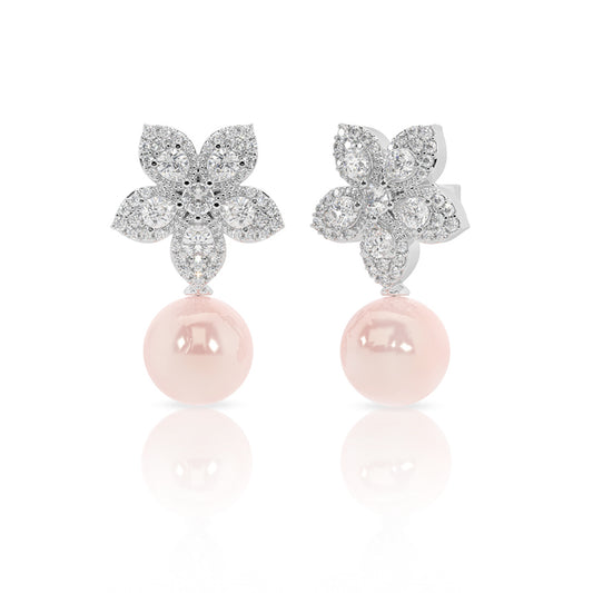 Floral Stud with Pink Pearl Drop Earrings