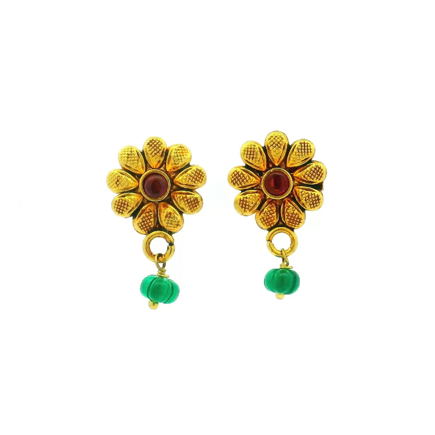 Floral Gold Plated Earrings with Green Bead