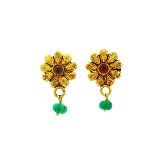 Floral Gold Plated Earrings with Green Bead