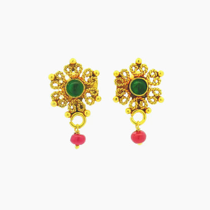 Intricate Green Stone Drop Gold Plated Earrings
