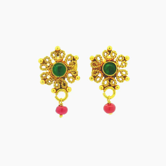 Intricate Green Stone Drop Gold Plated Earrings