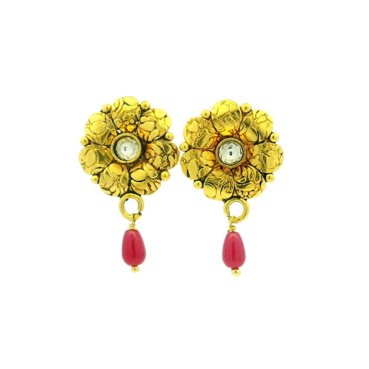 Floral Gold Plated Studs with Pink Drop