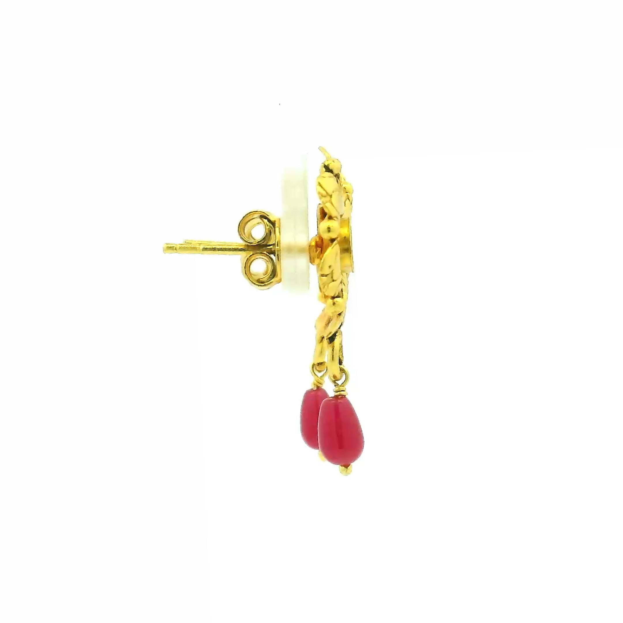 Floral Gold Plated Studs with Pink Drop