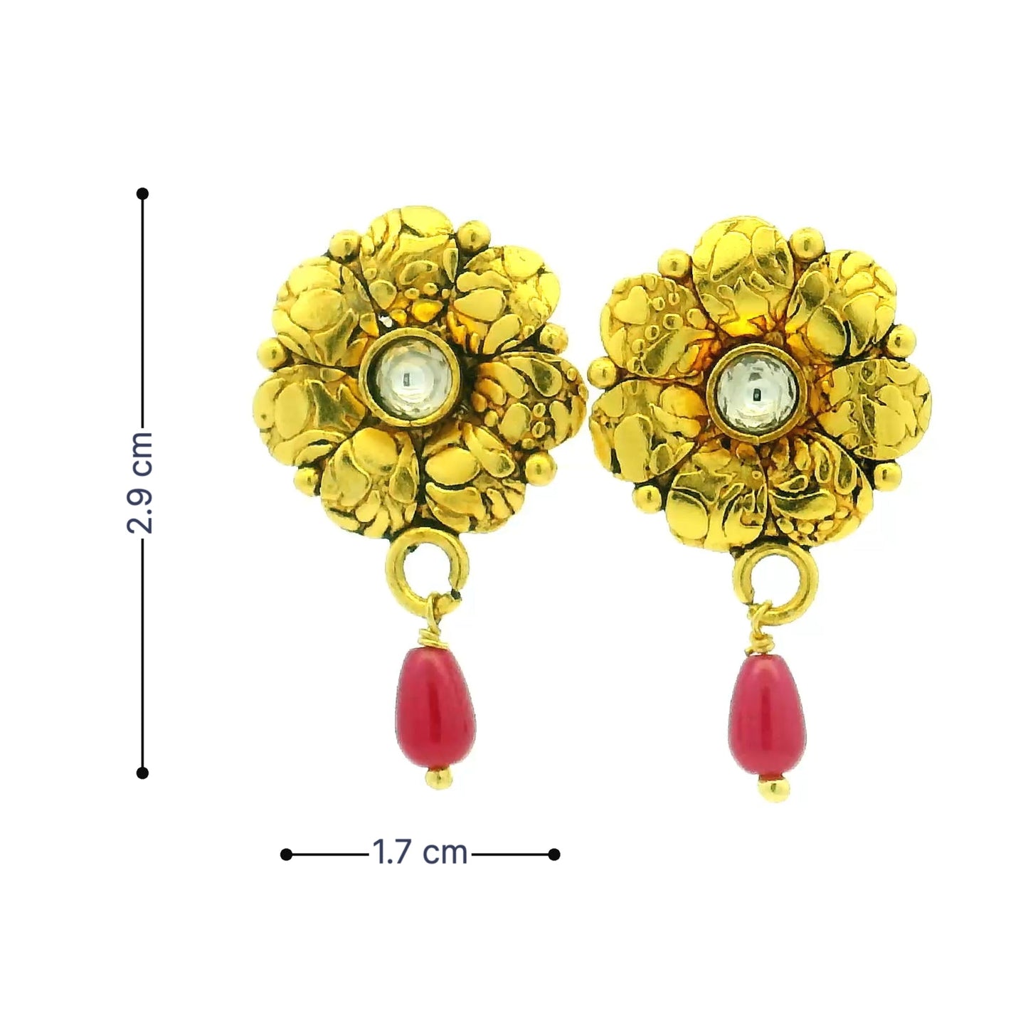 Floral Gold Plated Studs with Pink Drop