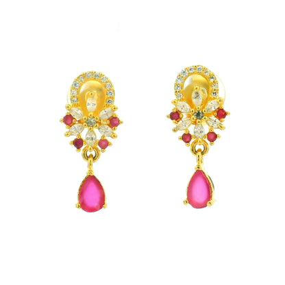 Pink Teardrop Floral Gold Plated Dangles